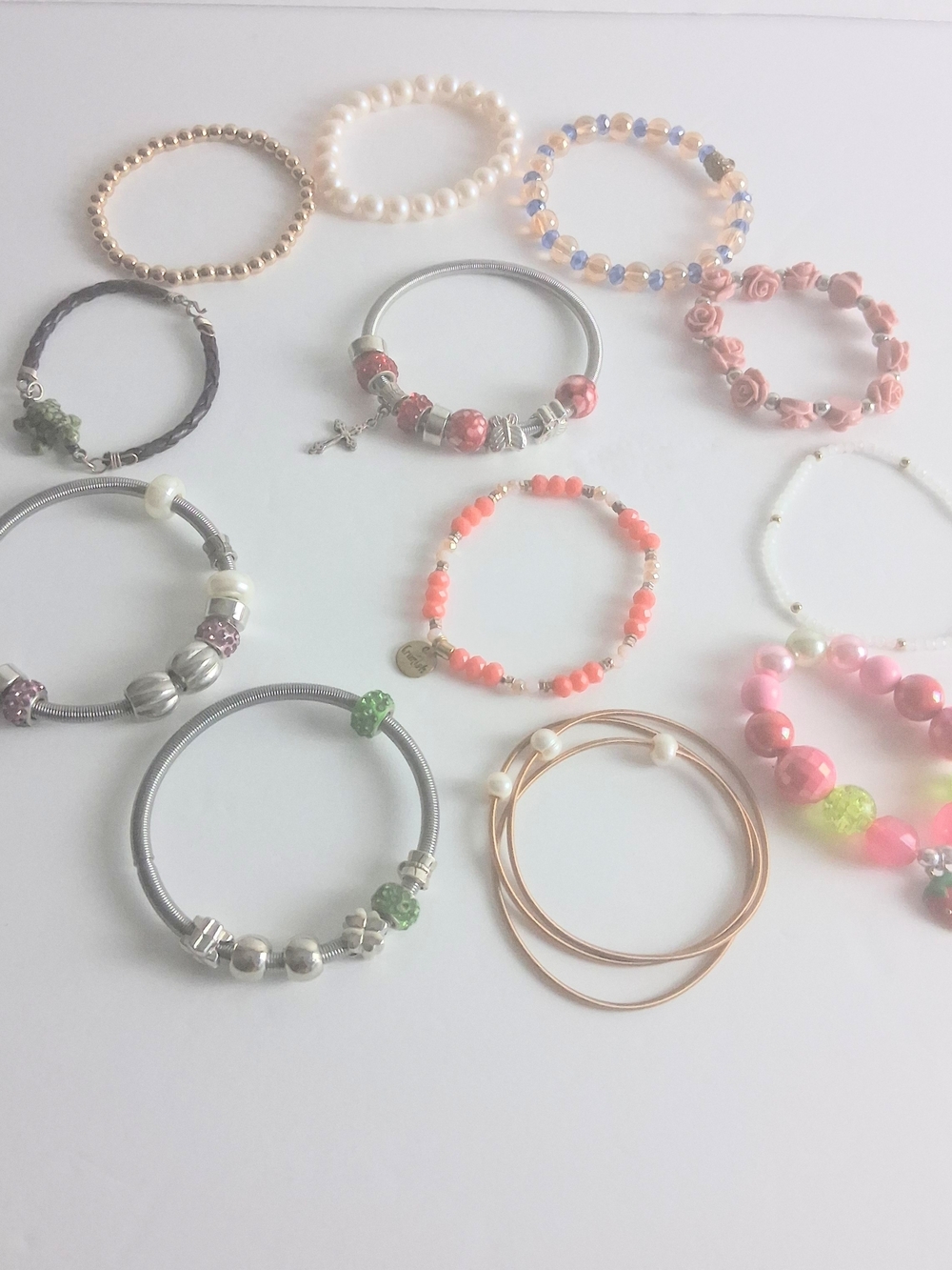 Bundle Of 12 Girls Teen Mixed Beaded and Charm Stretch Bracelets